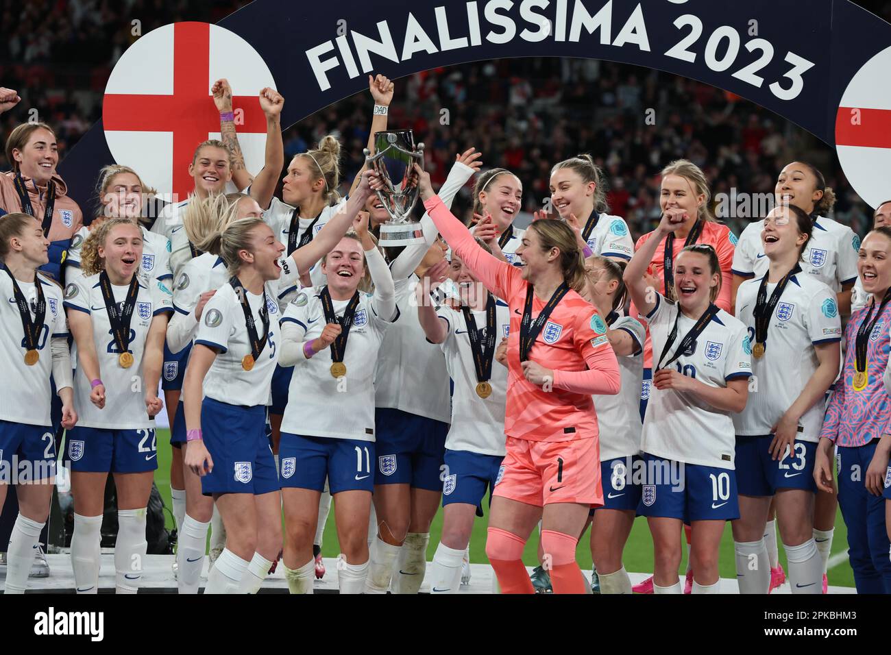 London, UK. 03rd Mar, 2023. eNGLAND tEAM WITH tROPHY AFTER the CONMEBOLUEFA Women's Champions