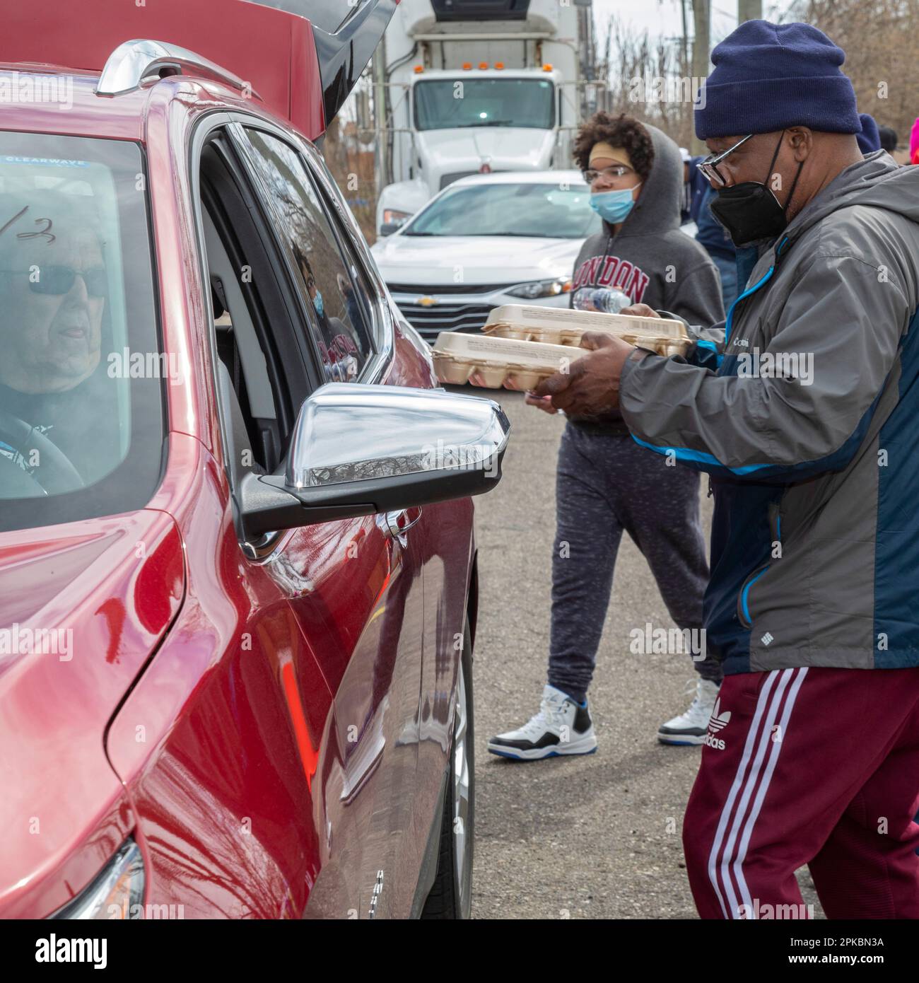 Inkster, Michigan, USA. 6th Apr, 2023. Volunteers at Womack Temple Church distributed 500 hams