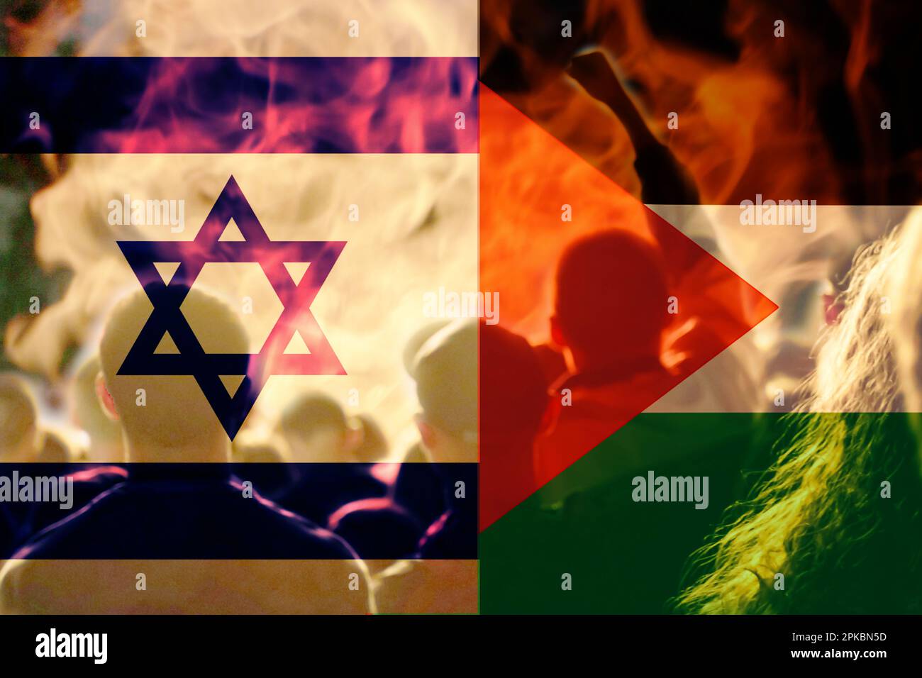 Israel Palestine war. Concept of crisis of war and political conflicts between nations. Flags. Fire, flames. Cracked stone background. Protests demons Stock Photo