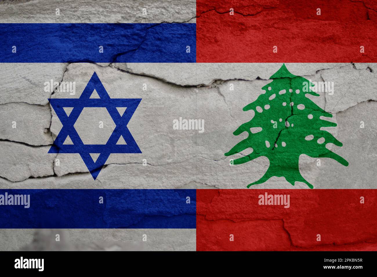 Israel Lebanon war. Flags of Israel and Palestine on cracked stone background. Concept of the Conflict between Israel and the Palestinian Authorities. Stock Photo
