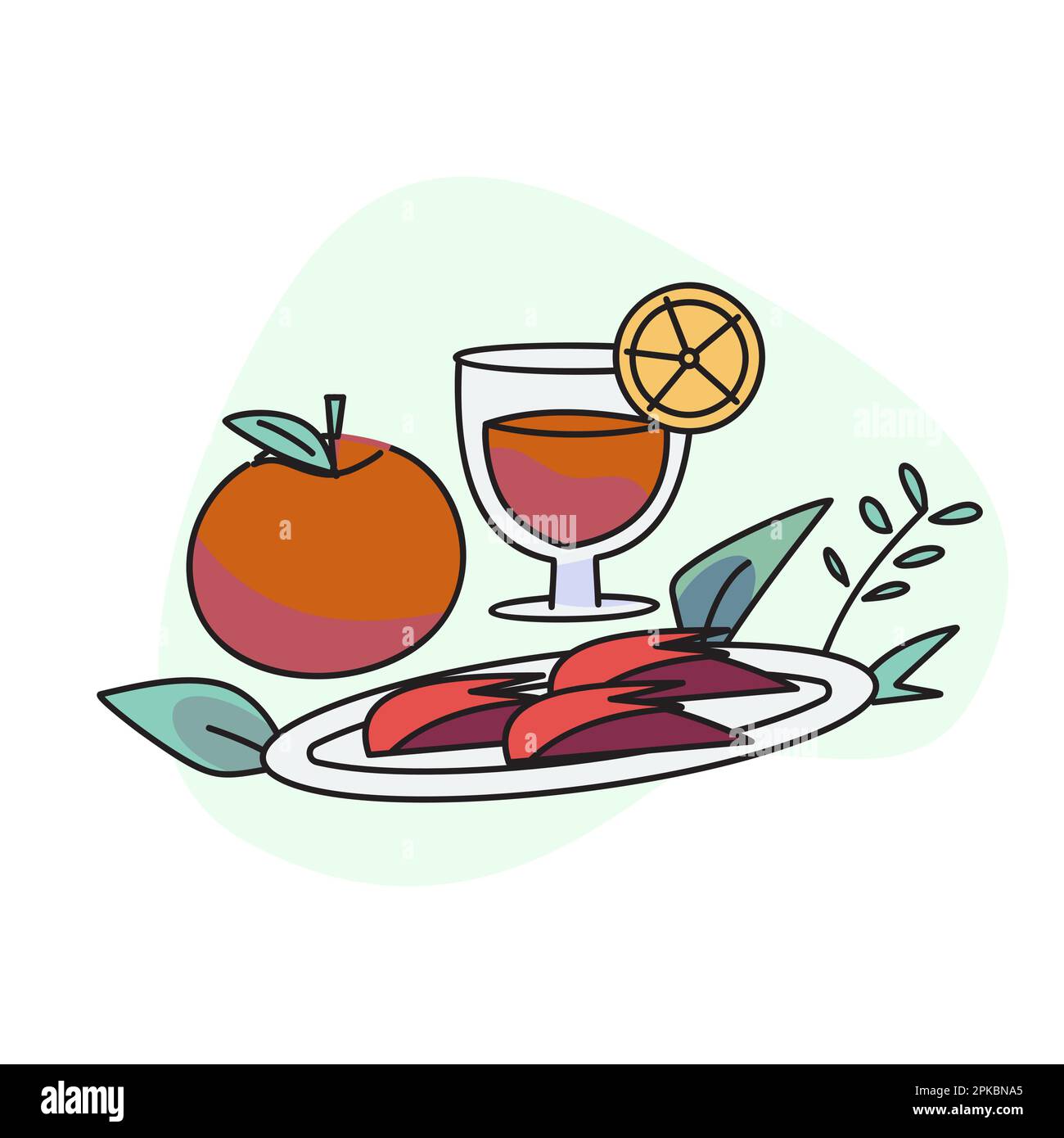 flat vector illustration, craft rabbit apple, orange juice and citrus