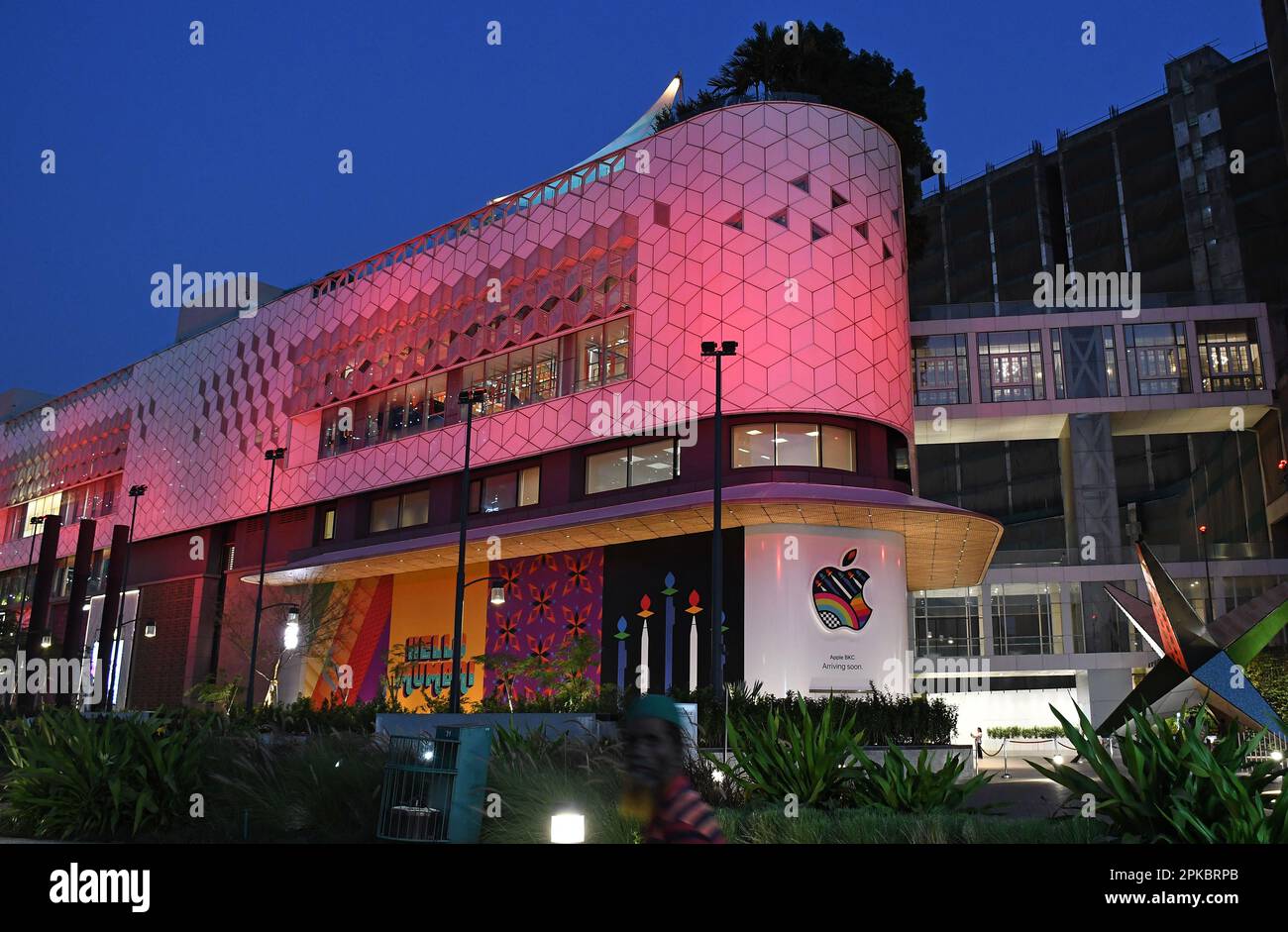 A view of Apple's first company owned store to be launched inside the Jio World Drive mall at Bandra Kurla Complex (BKC) in Mumbai. The store's design is inspired by the kaali-peeli (black & yellow) taxi art which is unique to Mumbai. Tim Cook, Chief Executive Officer (CEO) is likely to visit for the company's first exclusive store launch in the month of April. Stock Photo