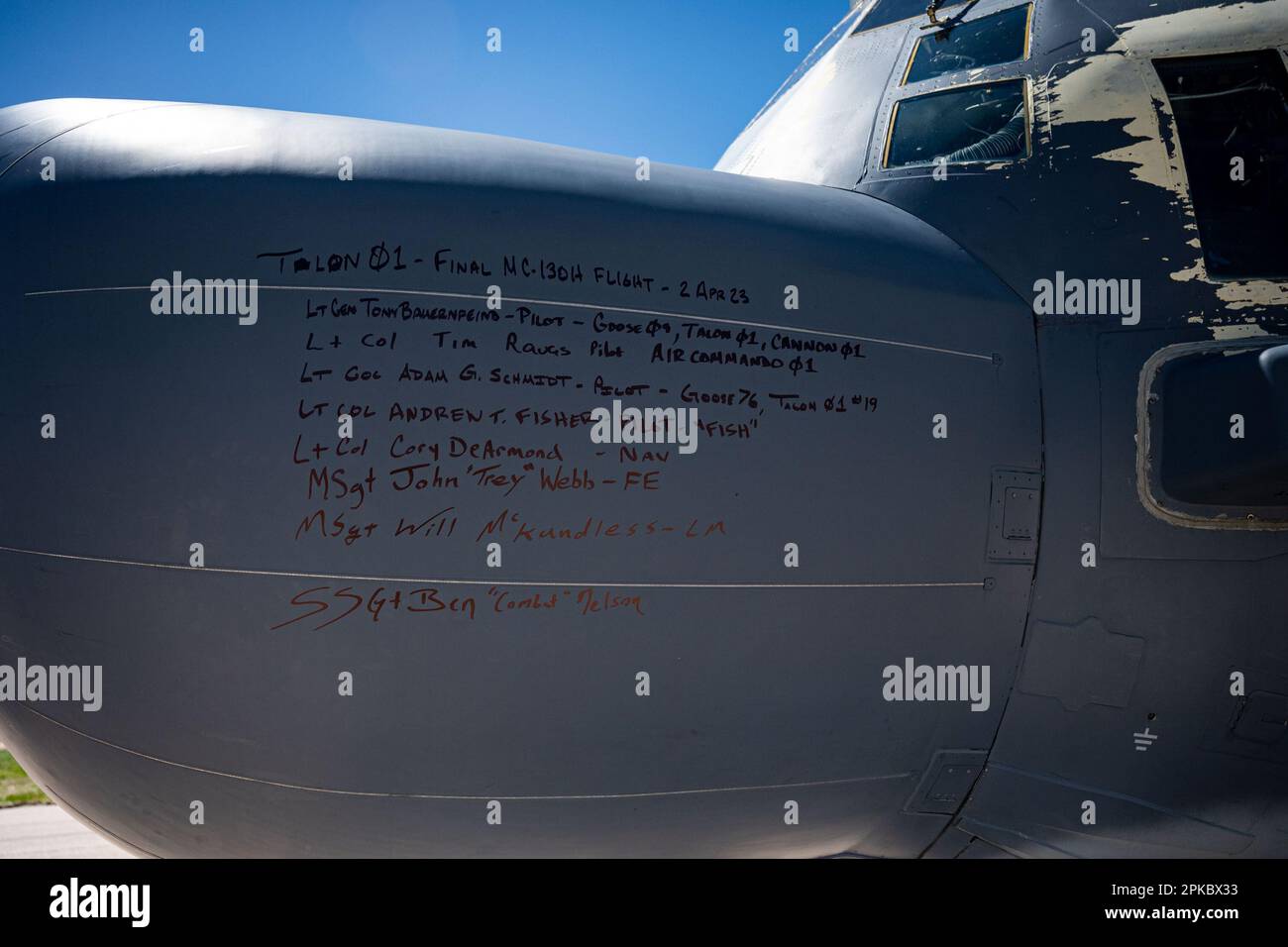 Signatures of the aircrew that delivered the last MC-130H Combat Talon II, Tail Number 89-0280, are displayed on the aircraft’s nose at the “Boneyard” at Davis-Monthan Air Force Base, Ariz., April 3, 2023. With the retirement of the MC-130H complete, the MC-130J Commando II has officially replaced the Combat Talon II. (U.S. Air Force photo by Senior Airman Natalie Fiorilli) Stock Photo