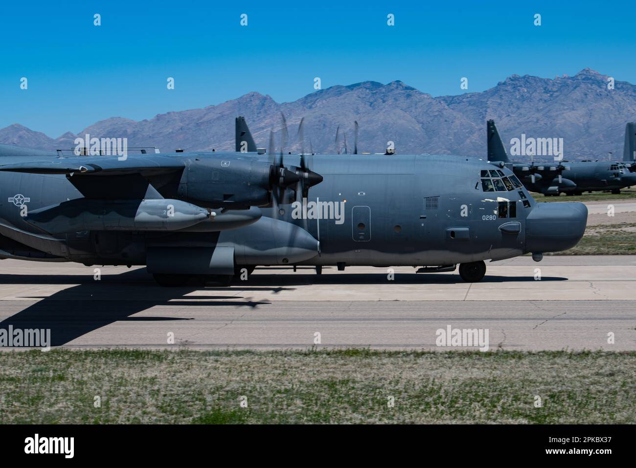 The last MC-130H Combat Talon II, Tail Number 89-0280, taxis to the “Boneyard” at Davis-Monthan Air Force Base, Ariz., April 3, 2023. The aircraft departed Hurlburt Field for the 309th Aerospace Maintenance and Regeneration Group, also known as the “Boneyard,” at Davis-Monthan Air Force Base. (U.S. Air Force photo by Senior Airman Natalie Fiorilli) Stock Photo