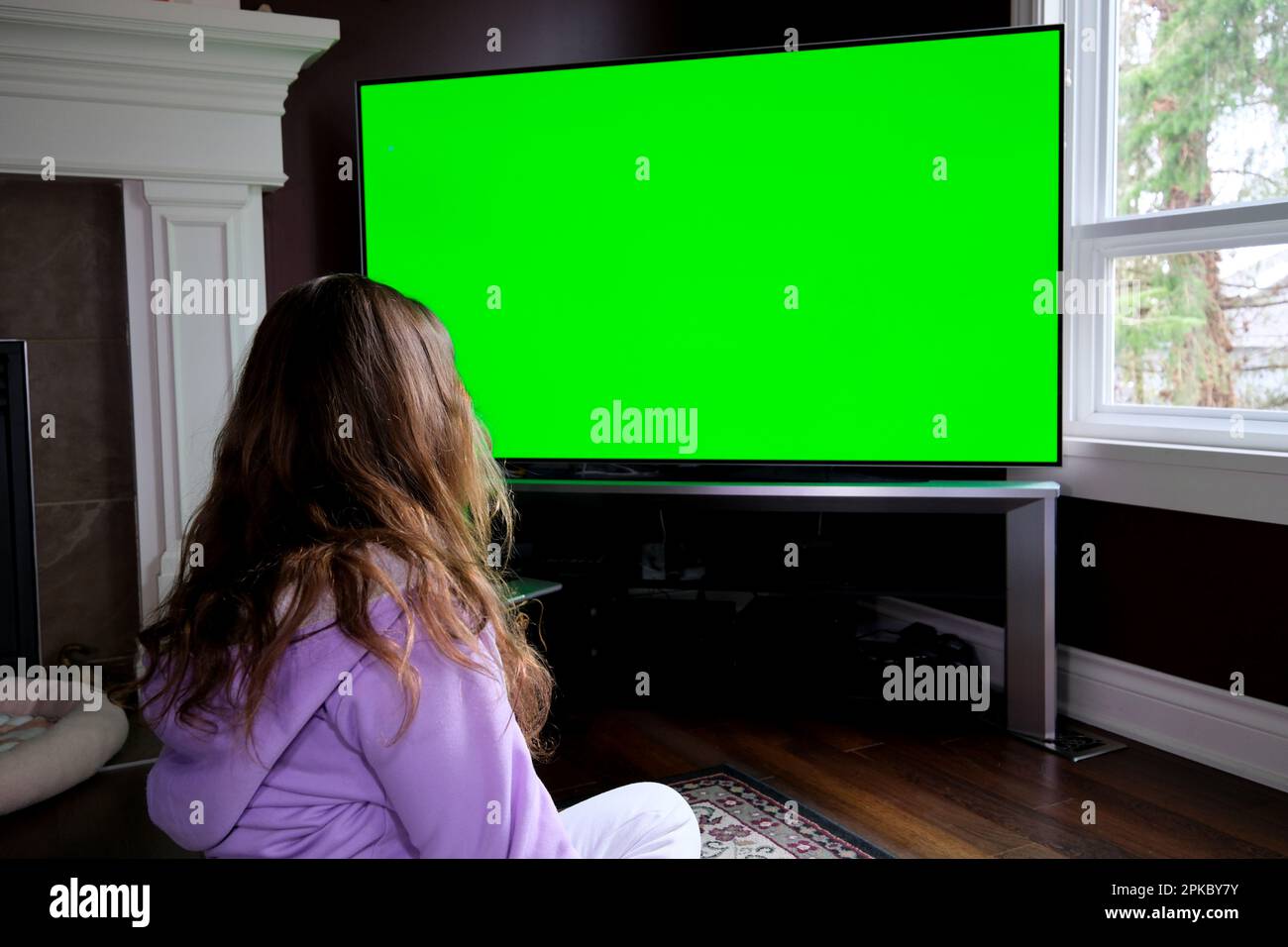Watching Tv Green Screen Dolly Shot. Ponytail girl watching big screen