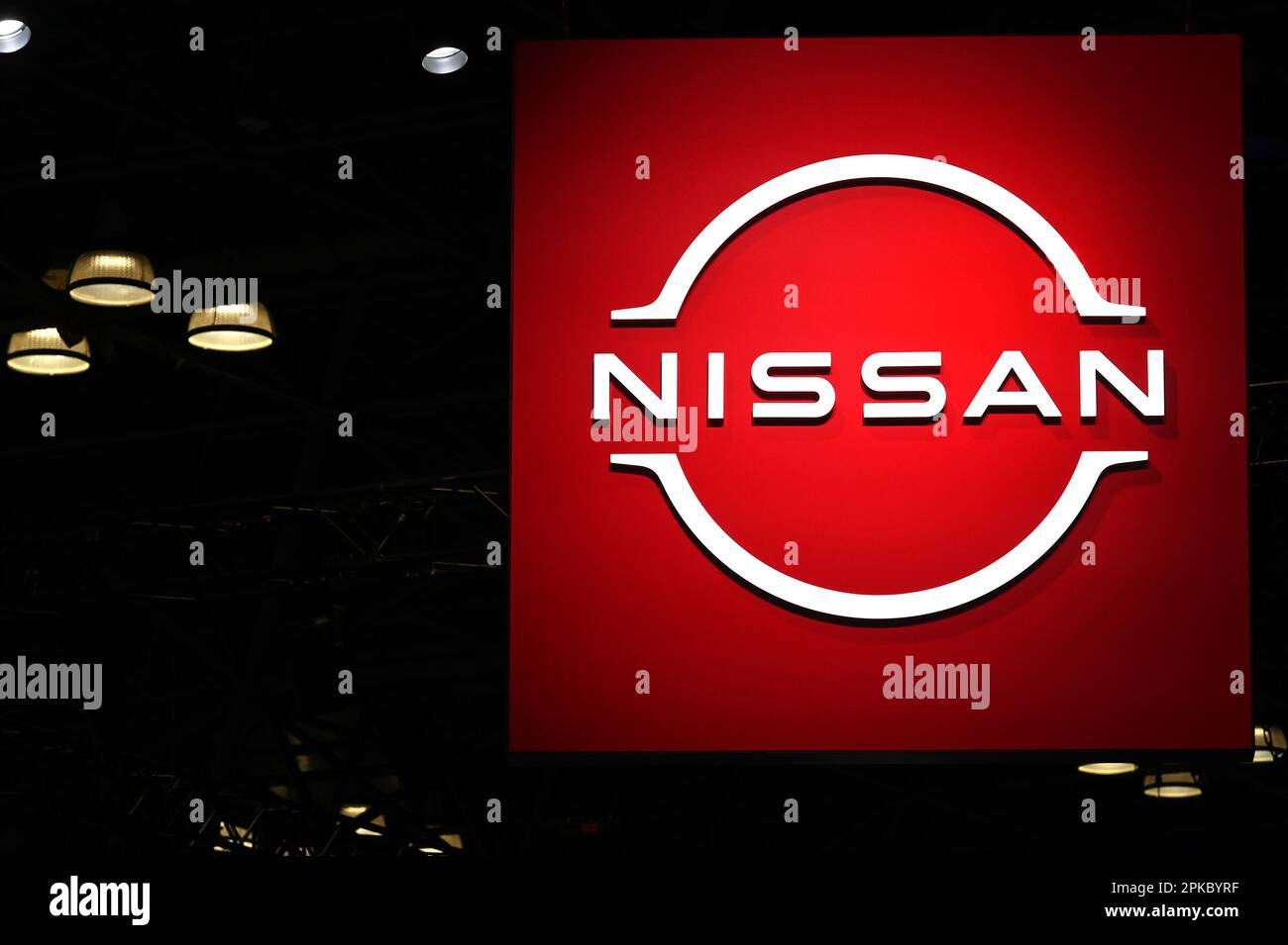 New York, USA. 06th Apr, 2023. Japanese car manufacturer Nissan logo at ...