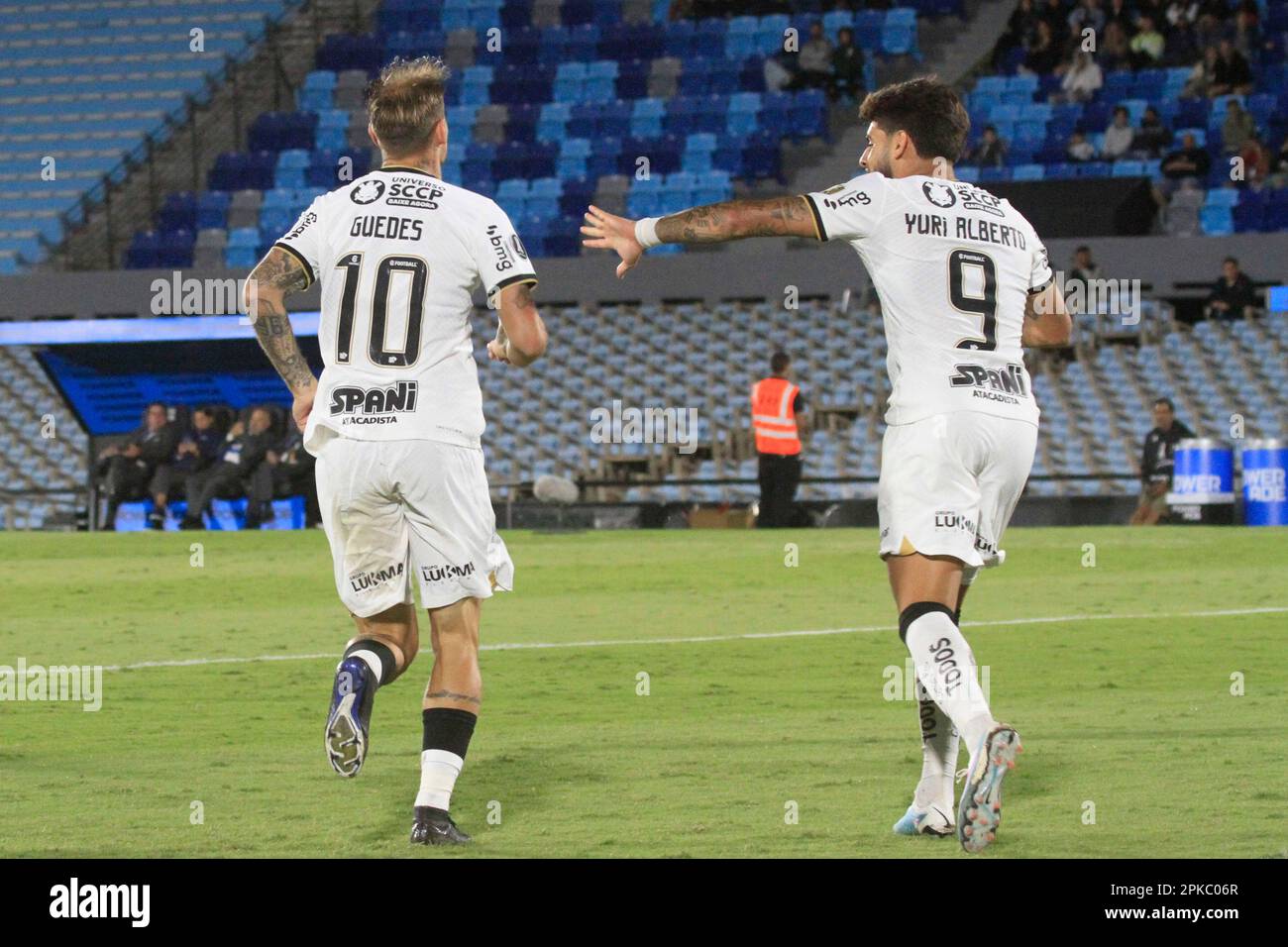 Montevideo, Uruguay, 06th Apr, 2023. Gaston Martirena of Liverpool battles  for possession with Yuri Alberto of Corinthians, during the match between  Liverpool and Corinthians for the 1st round of Group E of