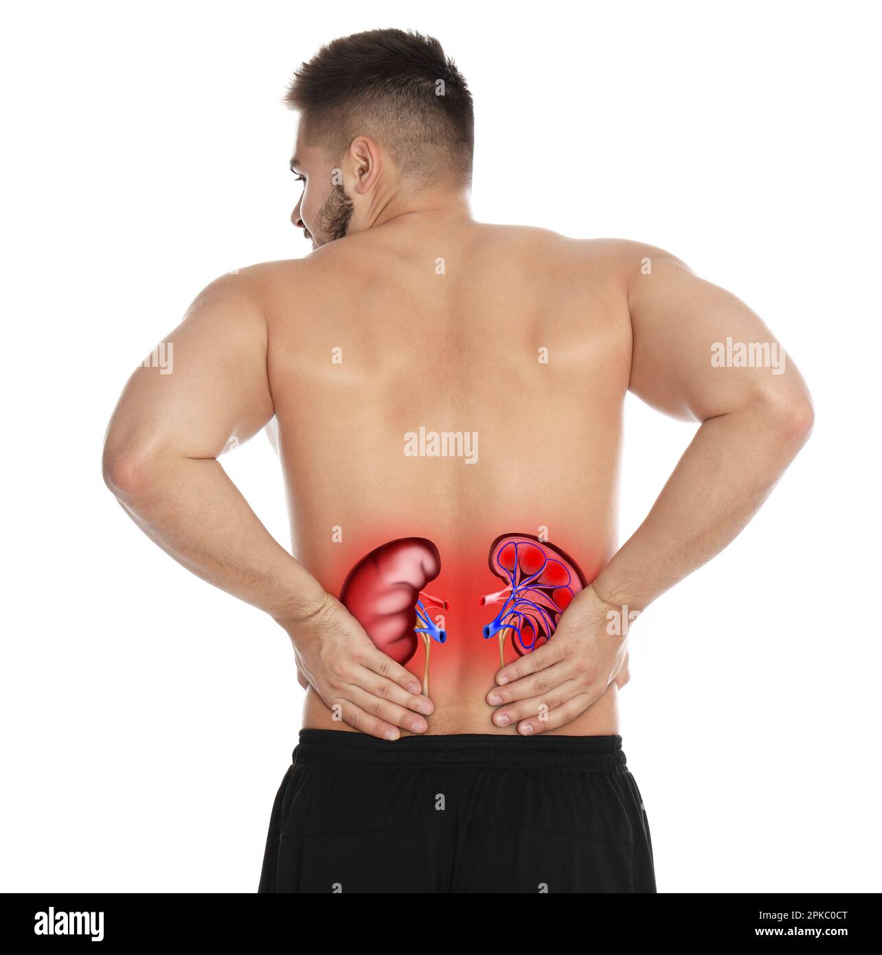 Man suffering from flank pain on white background Stock Photo - Alamy