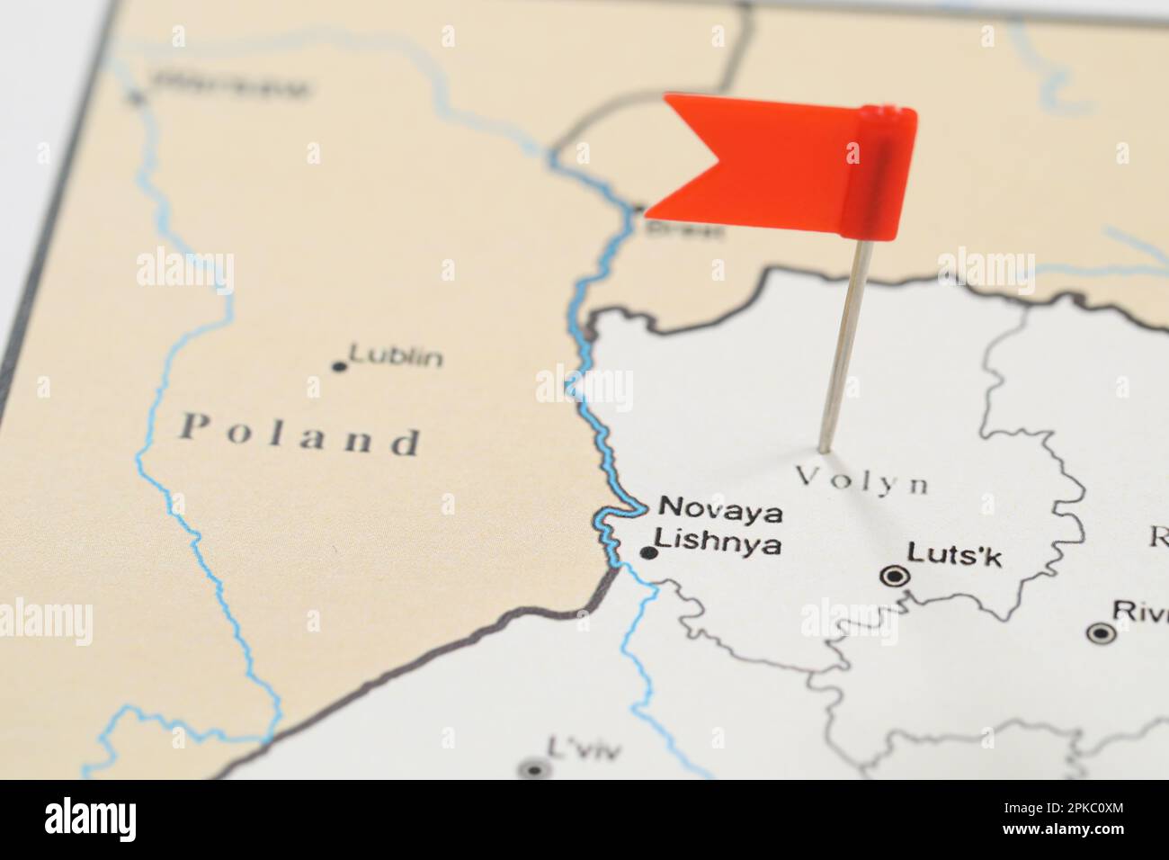 MYKOLAIV, UKRAINE - NOVEMBER 09, 2020: Contour map with flag push pin of Western Ukraine, closeup Stock Photo