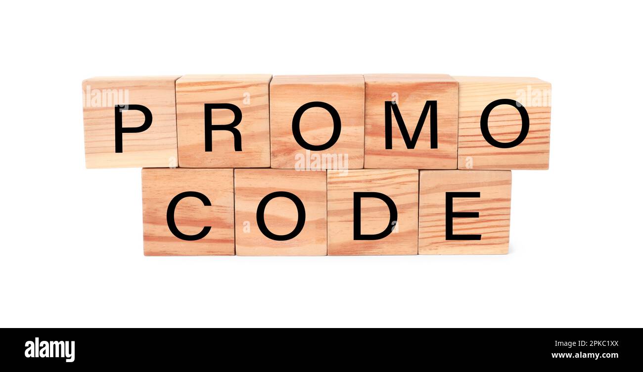 Wooden cubes with words Promo Code on white background Stock Photo Alamy