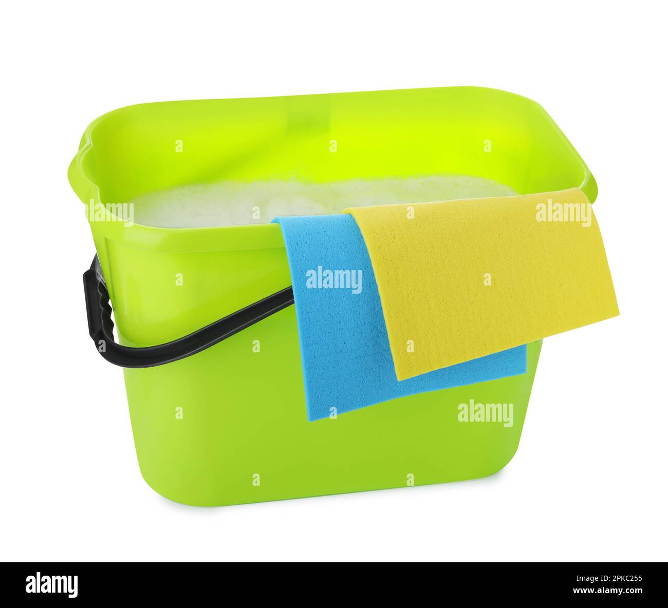 Green bucket with rags isolated on white Stock Photo Alamy