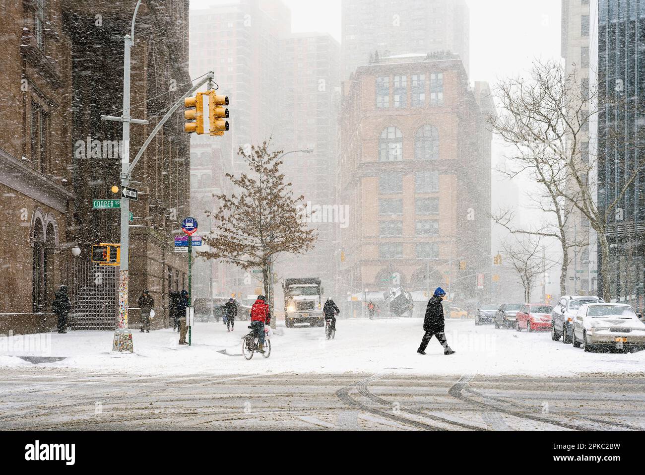 The intersection at Cooper Square during a snow storm in New York City. Stock Photo