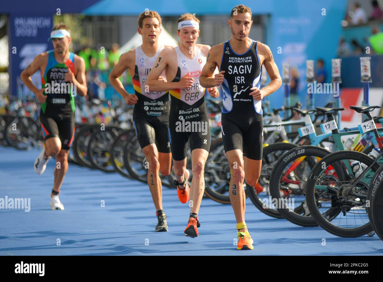 Shachar Sagiv (Israel), Lasse Priester, Lasse Luhrs (Germany). Triathlon Men. European Championships Munich 2022 Stock Photo