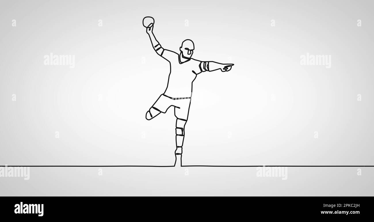 Image of drawing of male handball player with ball on white background