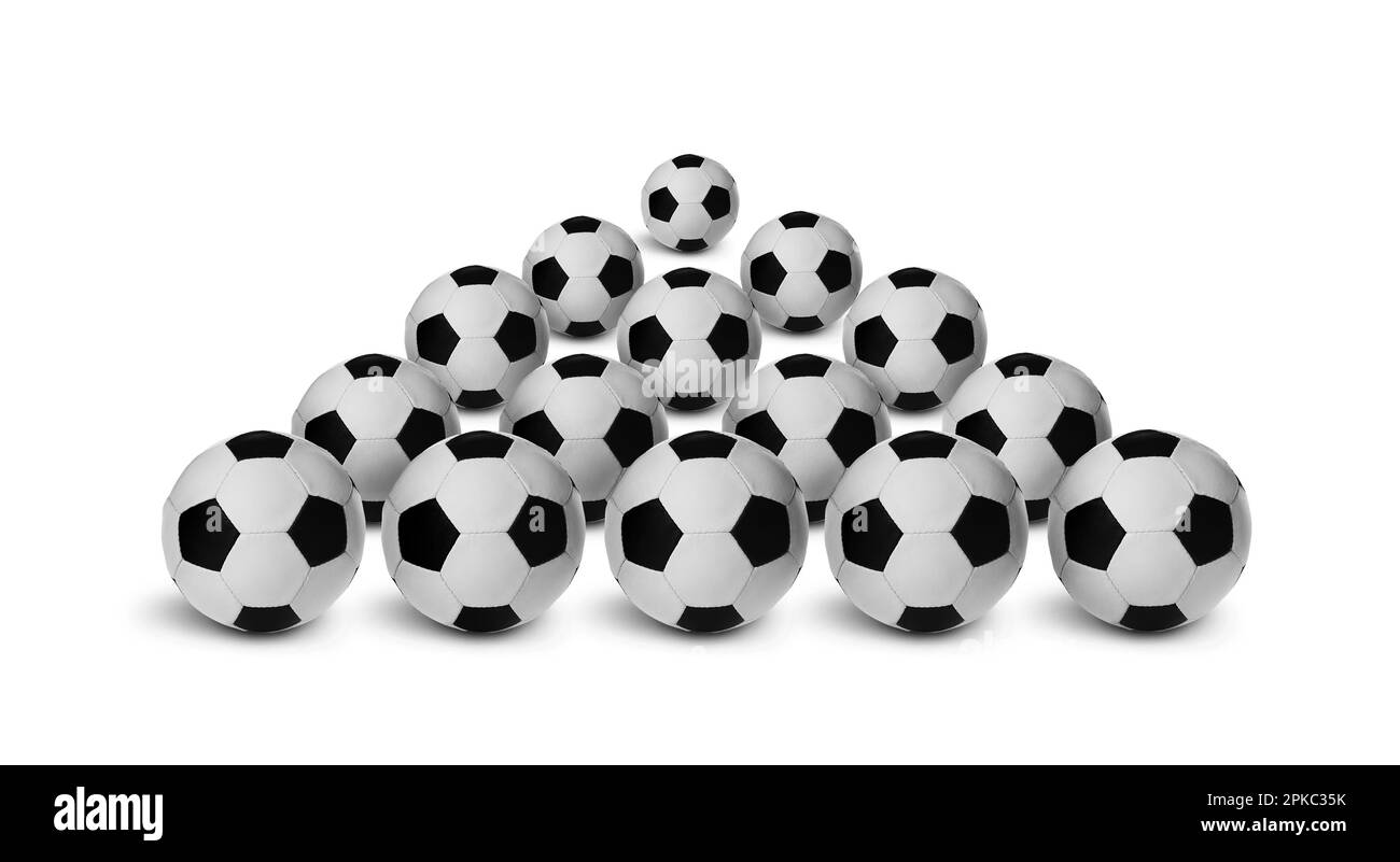 Many new soccer balls on white background. Banner design Stock Photo