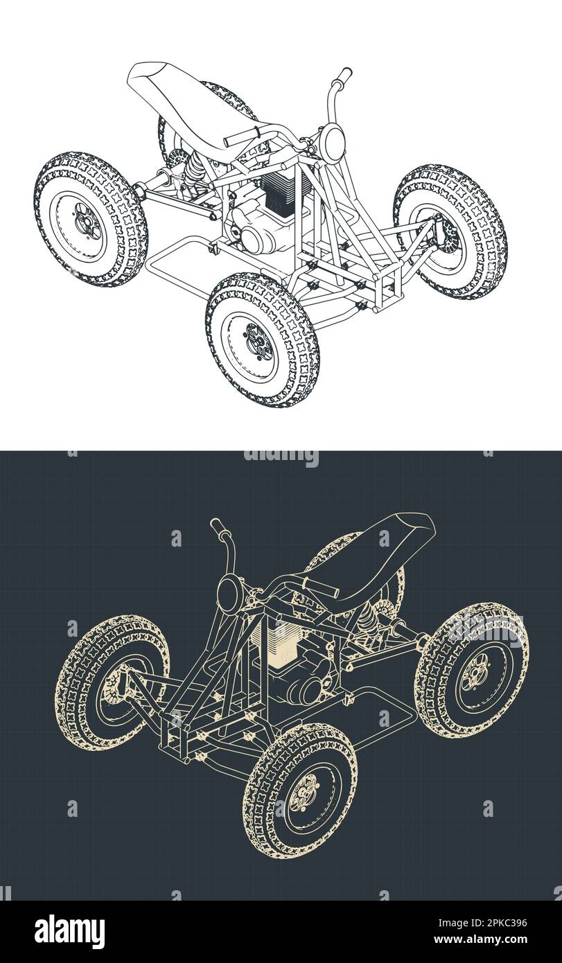 Stylized vector illustration of isometric blueprints of quad bike Stock Vector