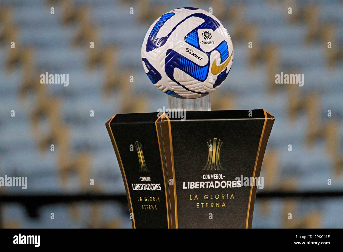 Montevideo, Uruguay, 06th Apr, 2023. Libertadores 2023 official ball, is seen before the match between Liverpool and Corinthians for the 1st round of Group E of Libertadores 2023, at Centenario Stadium, in Montevideo, Uruguay on April 06. Photo: Pool Pelaez Burga/DiaEsportivo/DiaEsportivo/Alamy Live News Stock Photo