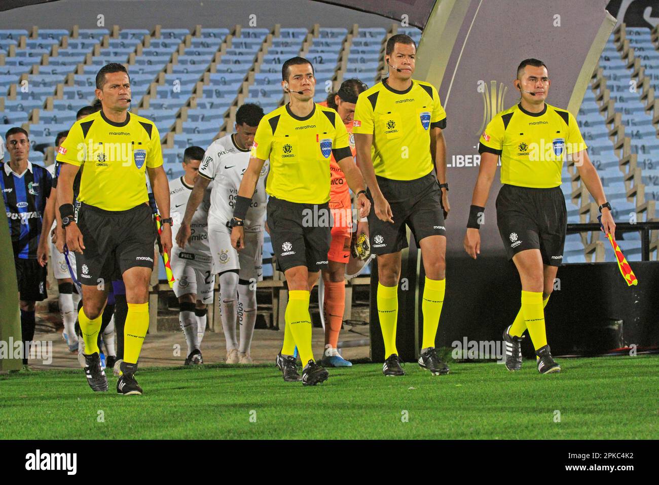 Montevideo, Uruguay, 06th Apr, 2023. Referee Andres Rojas (COL) and his Colombian assistants Sebastian Vela, Dionizio Ruiz enter the pitch for the match between Liverpool and Corinthians for the 1st round of Group E of Libertadores 2023, at Centenario Stadium, in Montevideo, Uruguay on April 06. Photo: Pool Pelaez Burga/DiaEsportivo/DiaEsportivo/Alamy Live News Stock Photo