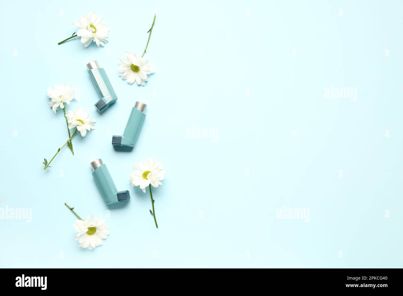 Asthma inhalers with daisy flowers on blue background Stock Photo Alamy