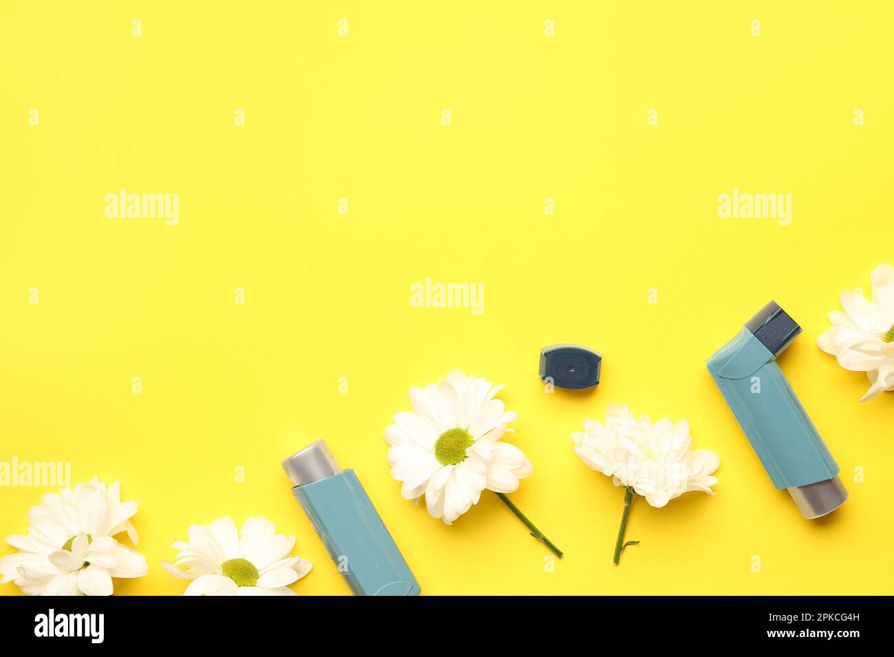 Asthma inhalers with daisy flowers on yellow background Stock Photo Alamy