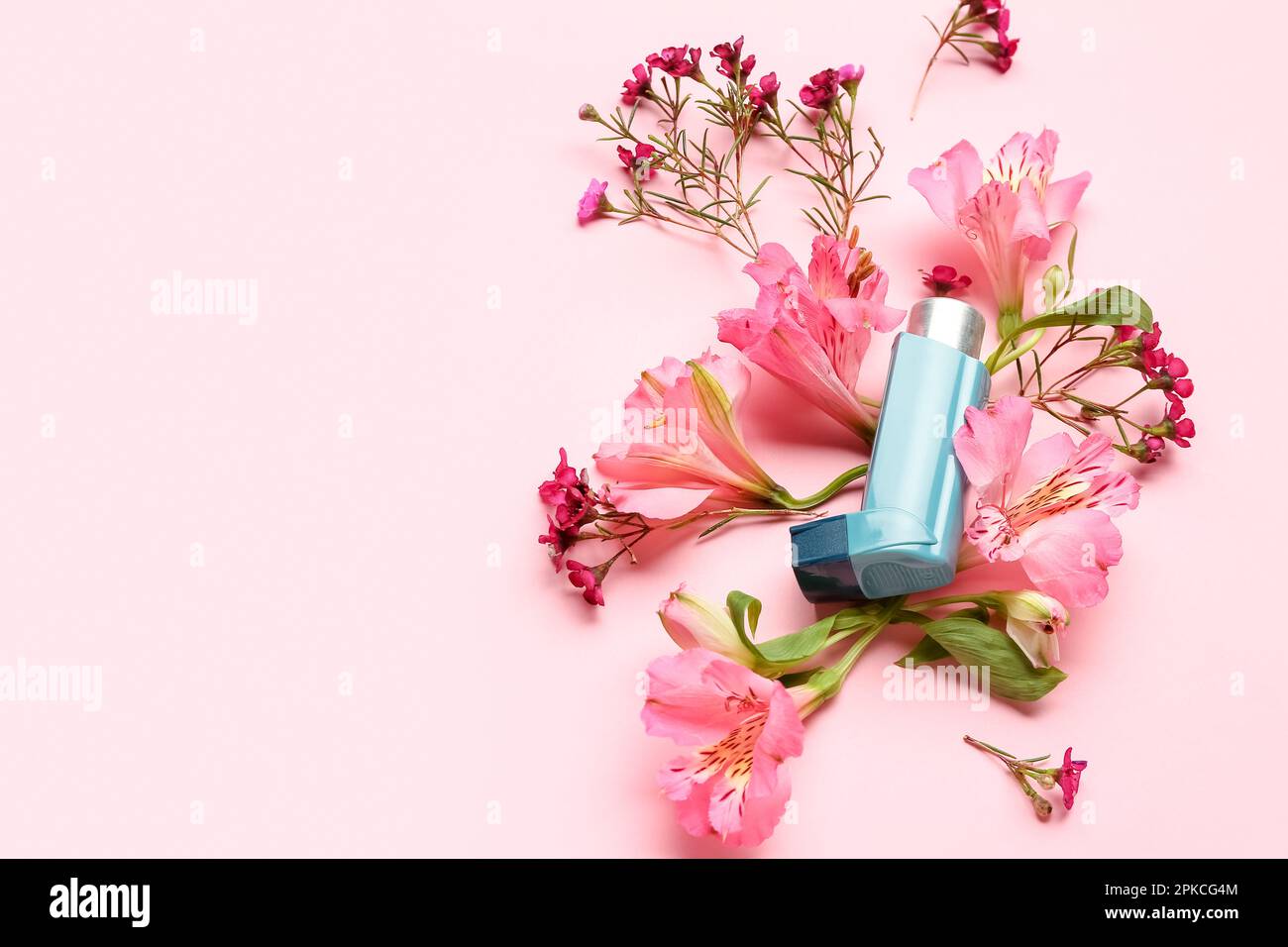 Asthma inhaler with flowers on pink background Stock Photo Alamy