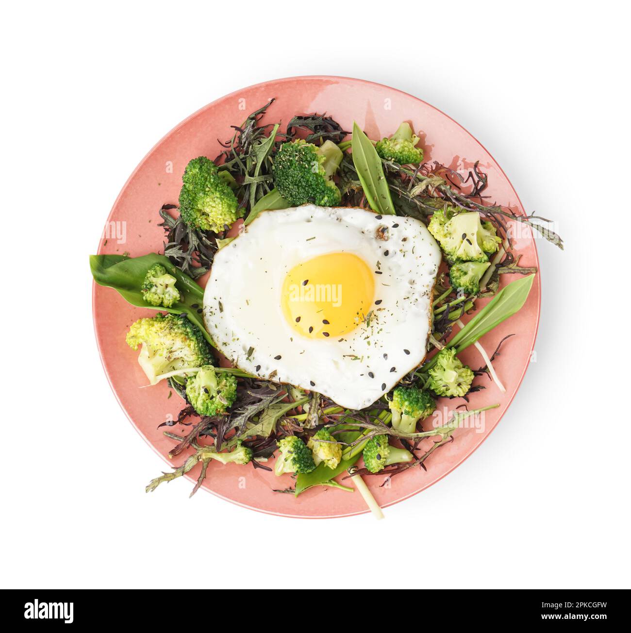 Plate with tasty fried egg and salad on white background Stock Photo ...