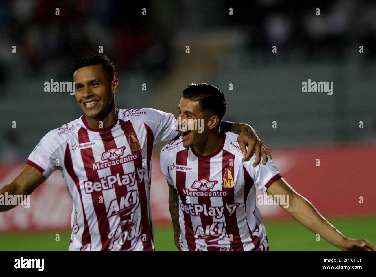 Valencia, Carabobo, Venezuela. 6th Apr, 2023. April 06, 2023. Yeison Guzman (R) from Tolima from Colombia, celebrates with his teammates after scoring a goal against the Academia de Puerto Cabello from Venezuela, in a group stage match of the Copa Sudamericana, played at the Misael Delgado stadium, from the city of Valencia, Venezuela. April 6, 2023. Photo: Juan Carlos HernÃndez (Credit Image: © Juan Carlos Hernandez/ZUMA Press Wire) EDITORIAL USAGE ONLY! Not for Commercial USAGE! Stock Photo
