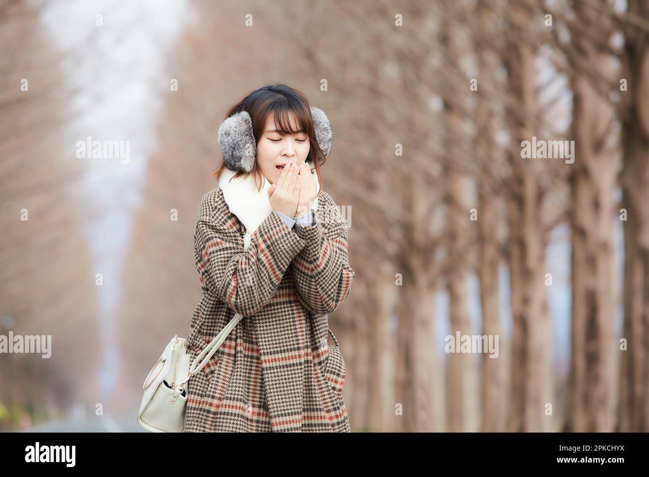A woman looking cold on a road lined with dead trees Stock Photo