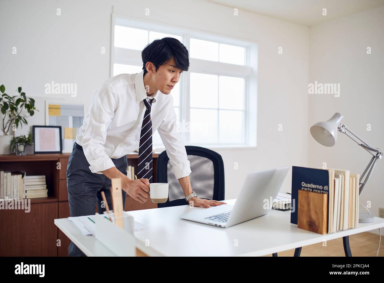 Office worker checking his computer at his desk at home Stock Photo Alamy