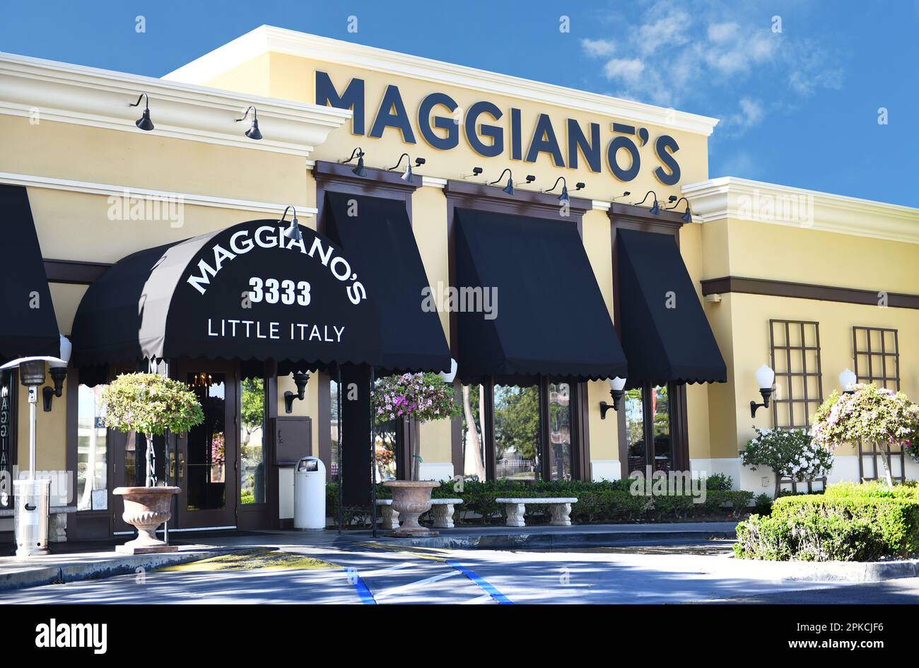 COSTA MESA, CALIFORNIA - 4 APR 2023: Maggianos Little Italy, in South Coast Plaza, is a restaurant chain serving classic Italian Cuisine. Stock Photo