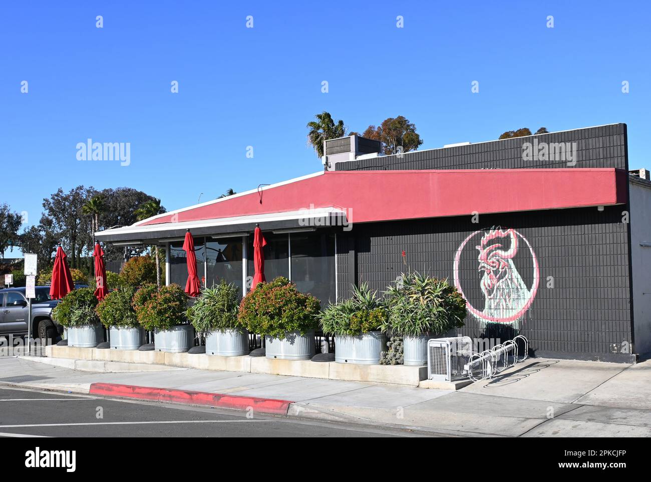 COSTA MESA, CALIFORNIA: 4 APR 2023: The Rooster Cafe a casual chic cafe for coffee, breakfast and lunch serving  American staples with a Mexican twist Stock Photo
