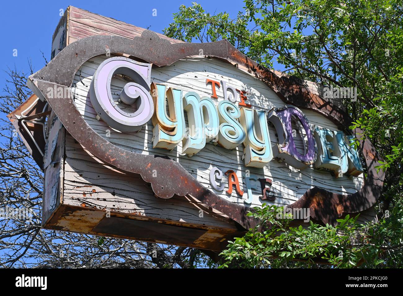 COSTA MESA, CALIFORNIA - 4 APR 2023: The Gypsy Den Cafe, a coffee shop with a bohemian vibe serving pastry, soup, sandwiches and burgers in the LAB An Stock Photo