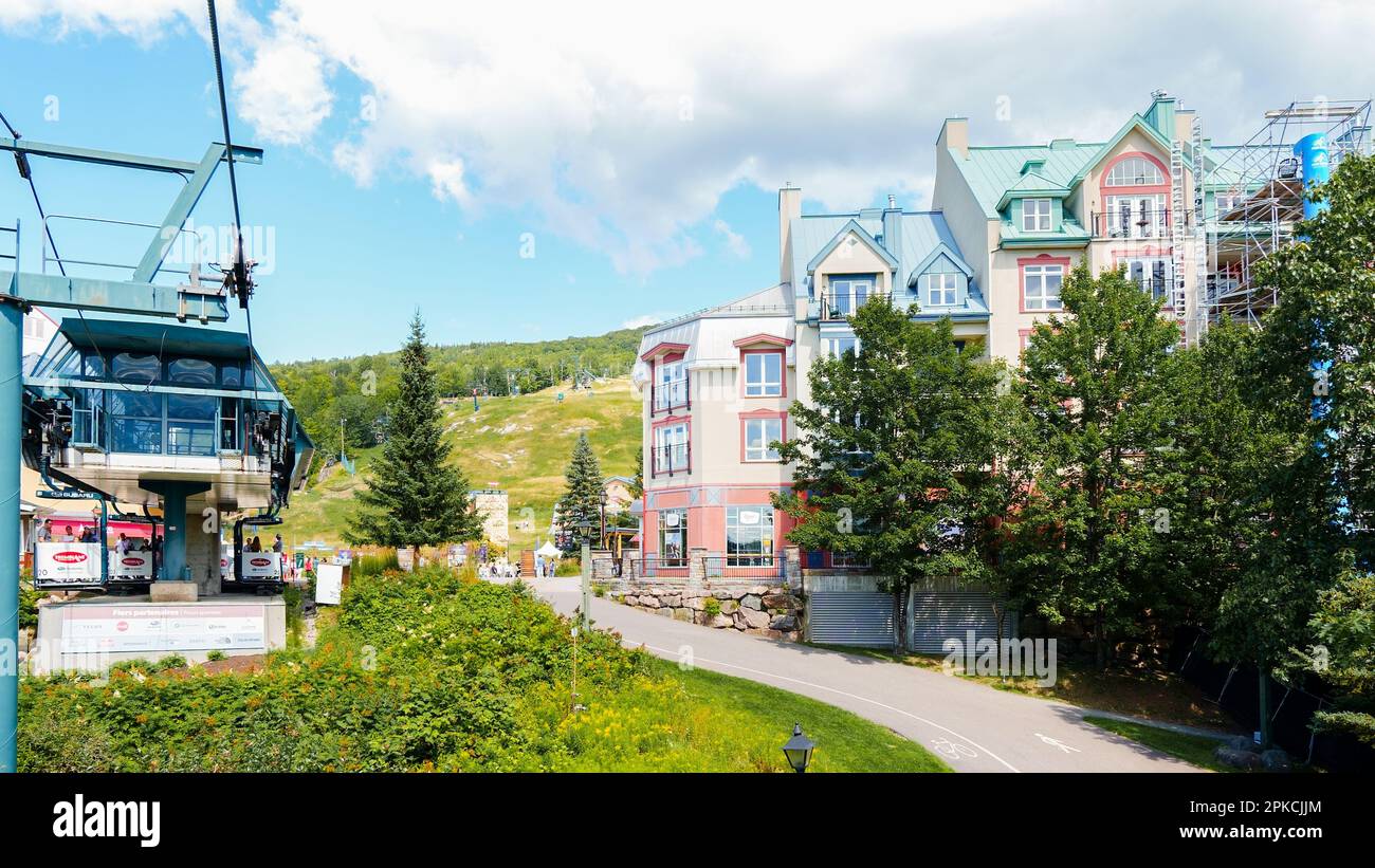 Sightseeing views by cable car at Mont Tremblant ski Resort in summer. Ski resort village view from open funicular cabin. Mont-Tremblant, Quebec, Cana Stock Photo