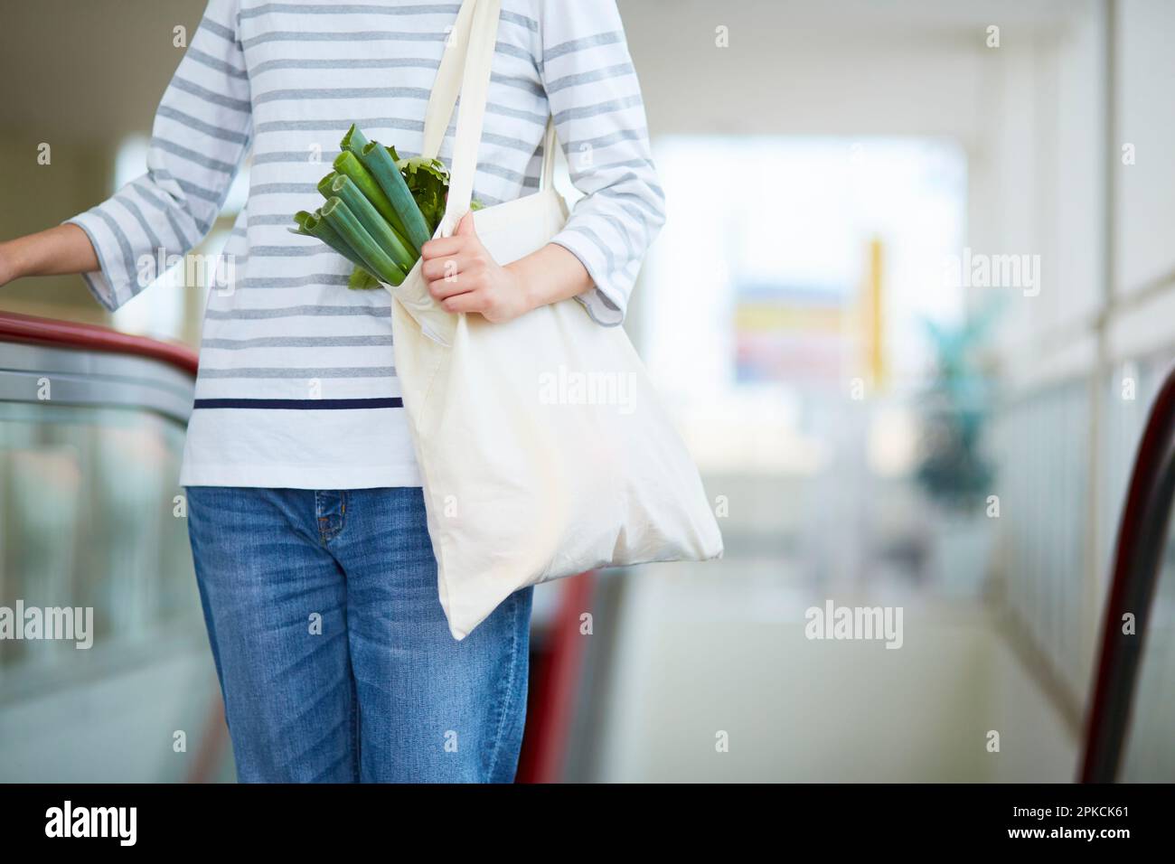 Woman carrying food in eco-bag Stock Photo