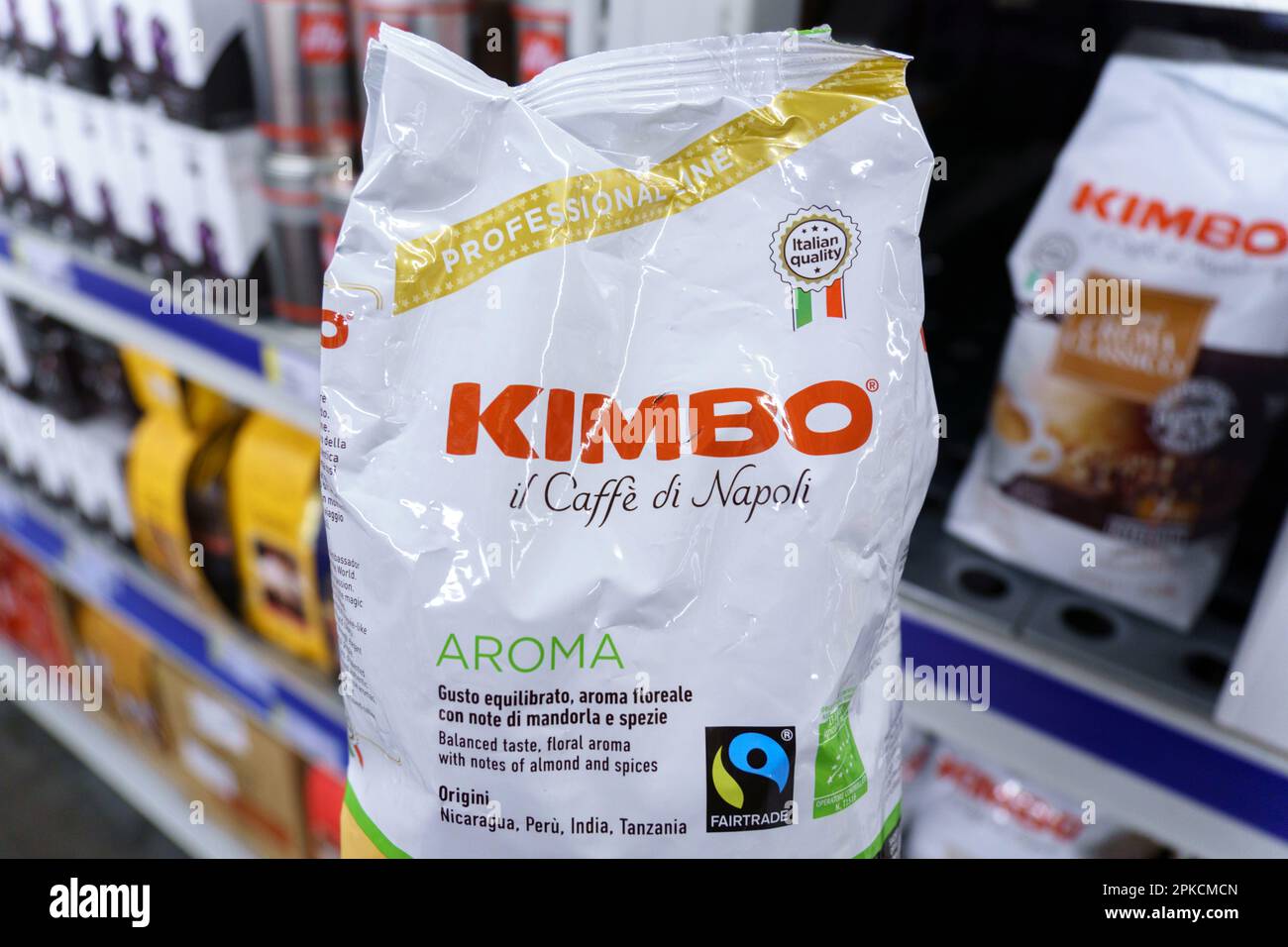Tyumen, Russia-January 26, 2023: Logo of the brand Caffe Kimbo. Kimbo is an Italian manufacturer of coffee products Stock Photo