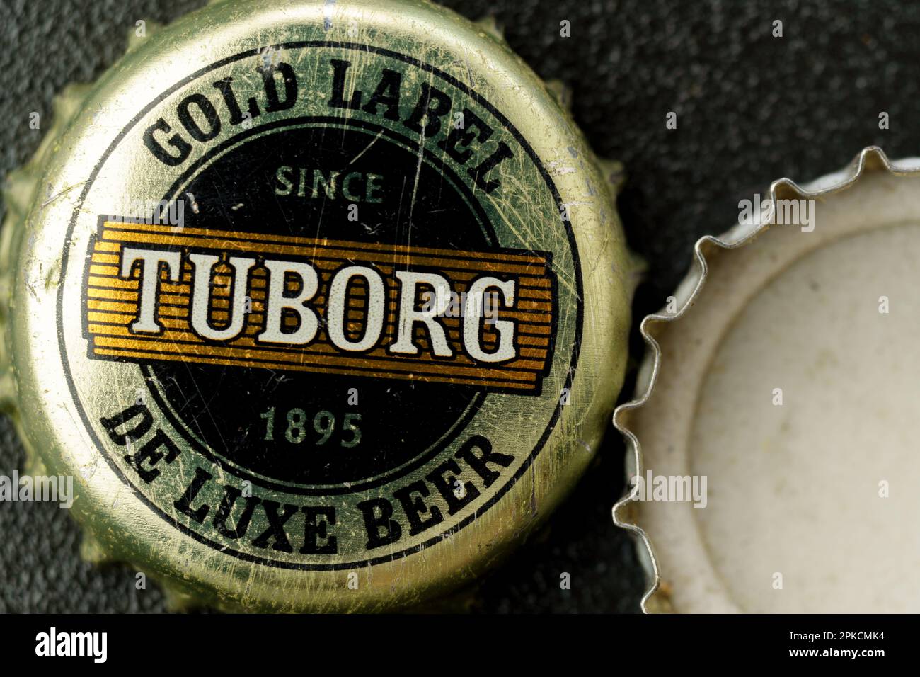 Tyumen, Russia-February 15, 2023: Old lid from tuborg beer. Tuborg beer, produced by a Danish brewing company founded in 1873 near Copenhagen Stock Photo