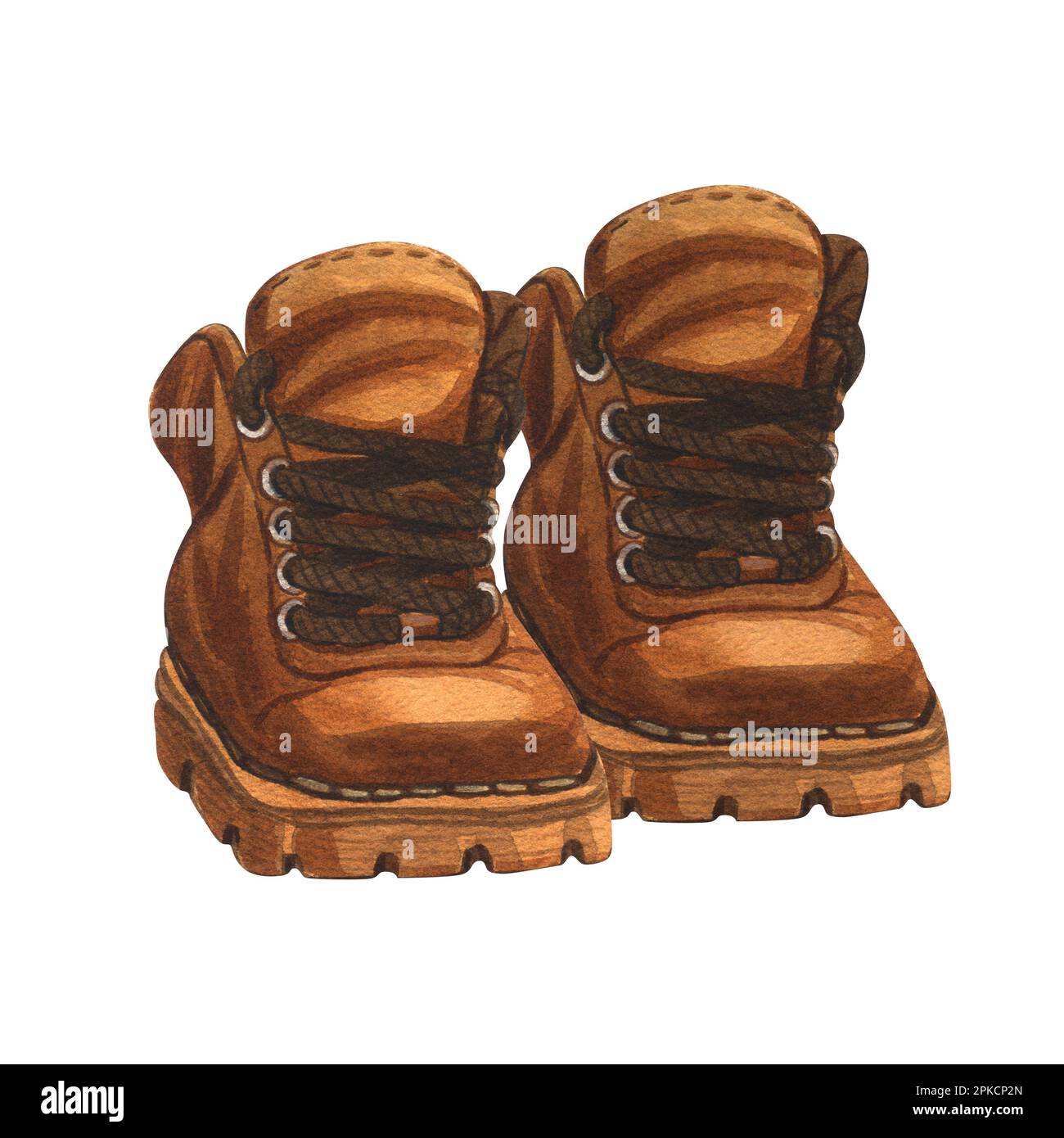 Watercolor pair brown of hiking boots. Handdrawn illustration isolated