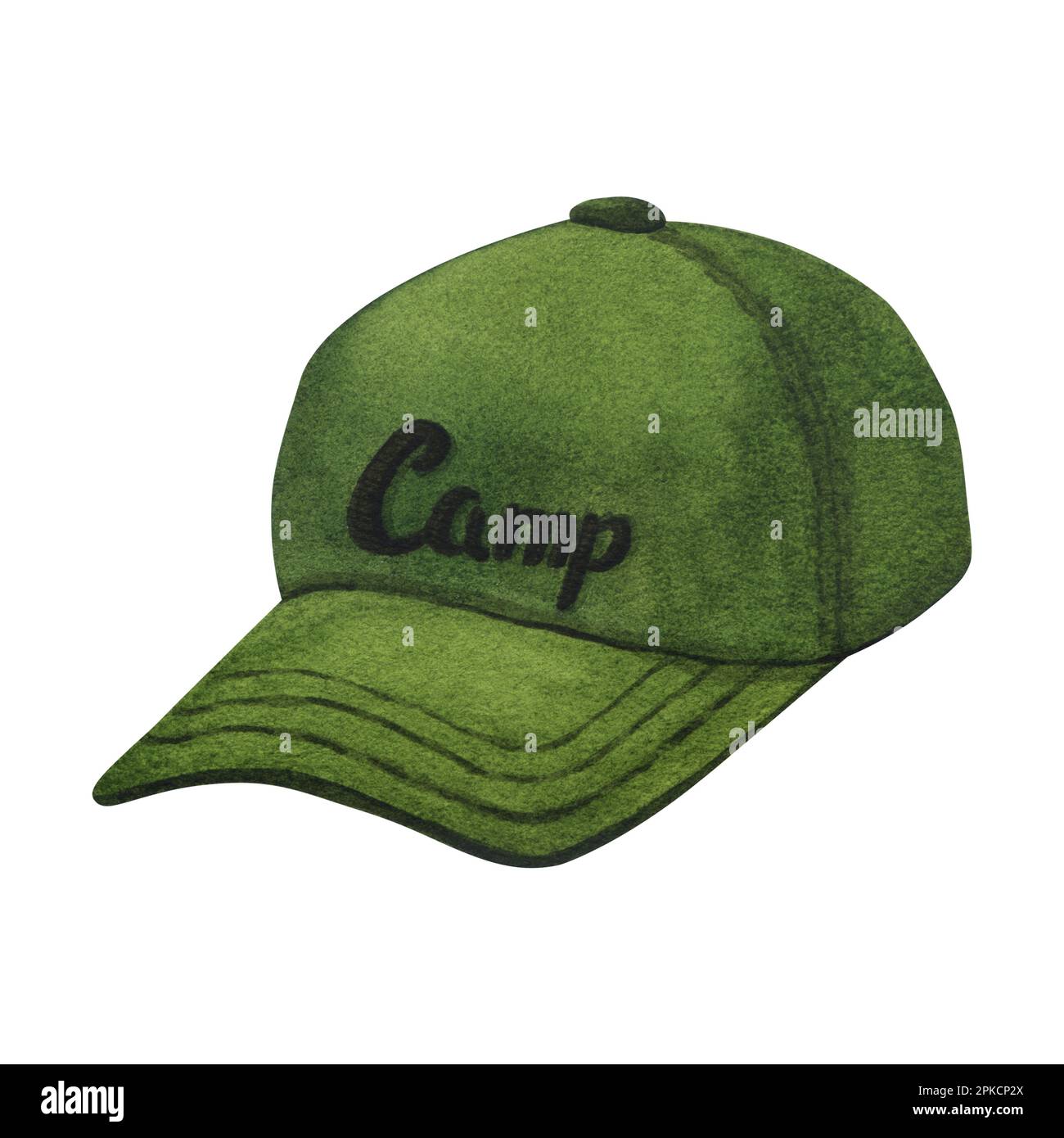 Watercolor green baseball cap, hat protects the head from the sun. Hand