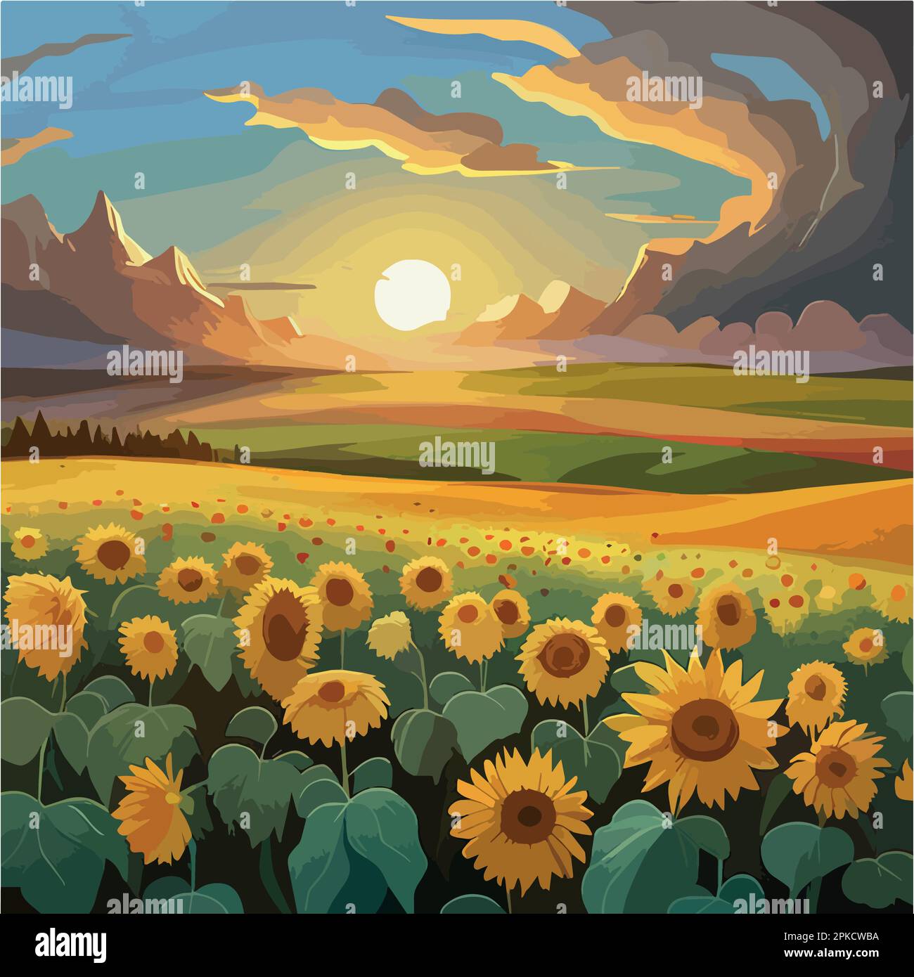Rural landscape with field sunflowers, farm, fields, meadows and