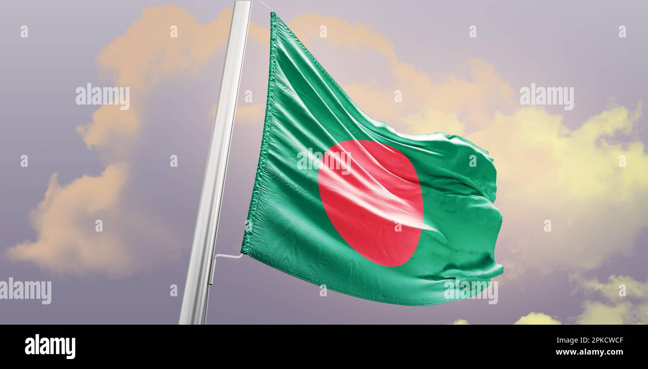 Bangladesh national flag waving in beautiful sky. 3d waving flag of bangladesh flag. Happy independence day of bangladesh. Stock Photo