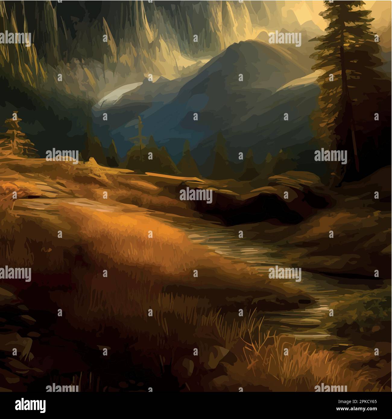 Incredible mountain landscape with forest and river. Vector