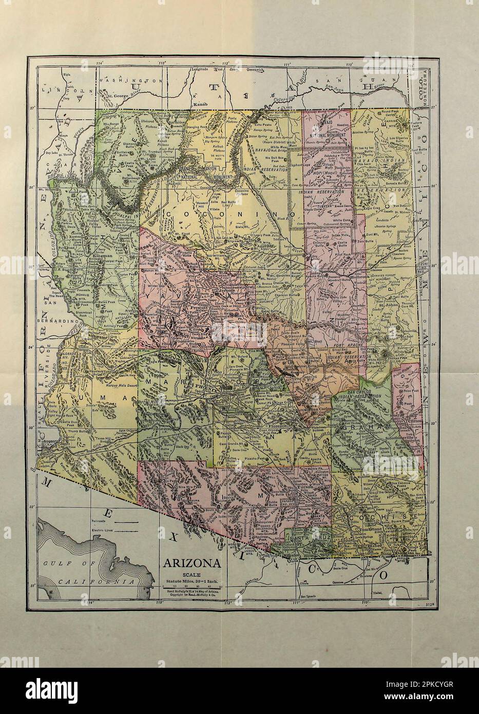 Map of Arizona 1917 from the book ' Arizona, the wonderland ' the history of its ancient cliff and cave dwellings, ruined pueblos, conquest by the Spaniards, Jesuit and Franciscan missions, trail makers and Indians; a survey of its climate, scenic marvels, topography, deserts, mountains, rivers and valleys; a review of its industries; an account of its influence on art, literature and science; and some reference to what it offers of delight to the automobilist, sportsman, pleasure and health seeker. By George Wharton James. Published in Boston by the Page company 1917 part of the See America F Stock Photo