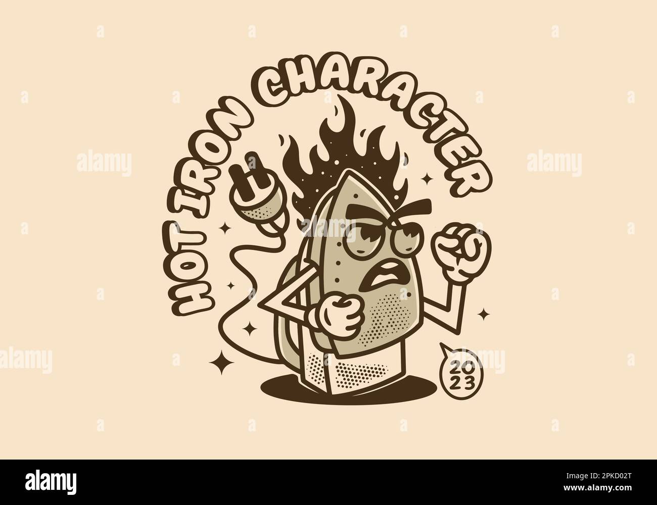 Vintage mascot character illustration design of Electric iron with angry face and flames Stock Vector