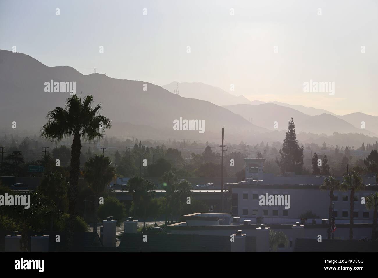 General views over Monrovia, California, including Mount Wilson and
