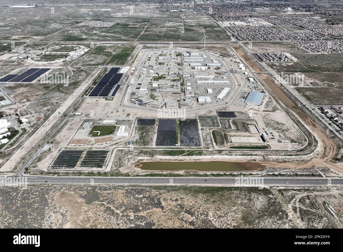 A general overall aerial view of California State Prison, Los Angeles County jail, Thursday, March, 6, 2023, in Lancaster, Calif. Stock Photo