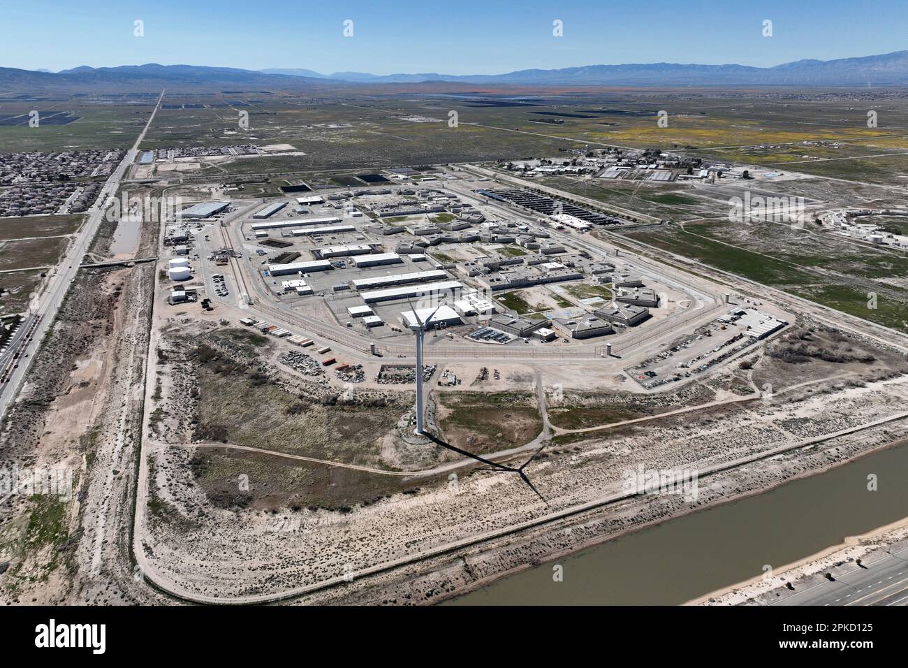 A general overall aerial view of California State Prison, Los Angeles County jail, Thursday, March, 6, 2023, in Lancaster, Calif. Stock Photo
