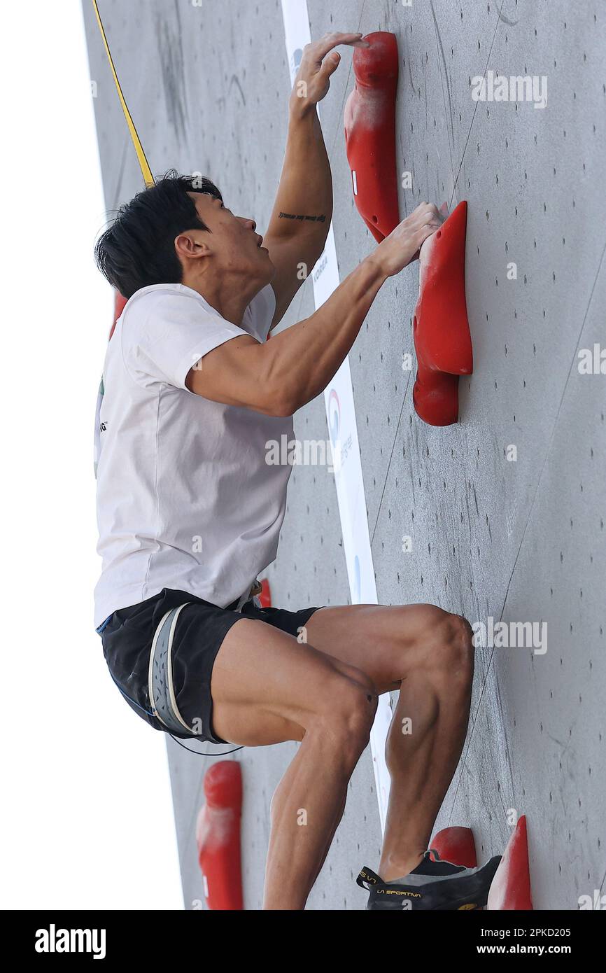 07th Apr, 2023. National sport climbing championships Sport climber Lee Seungbeom competes in