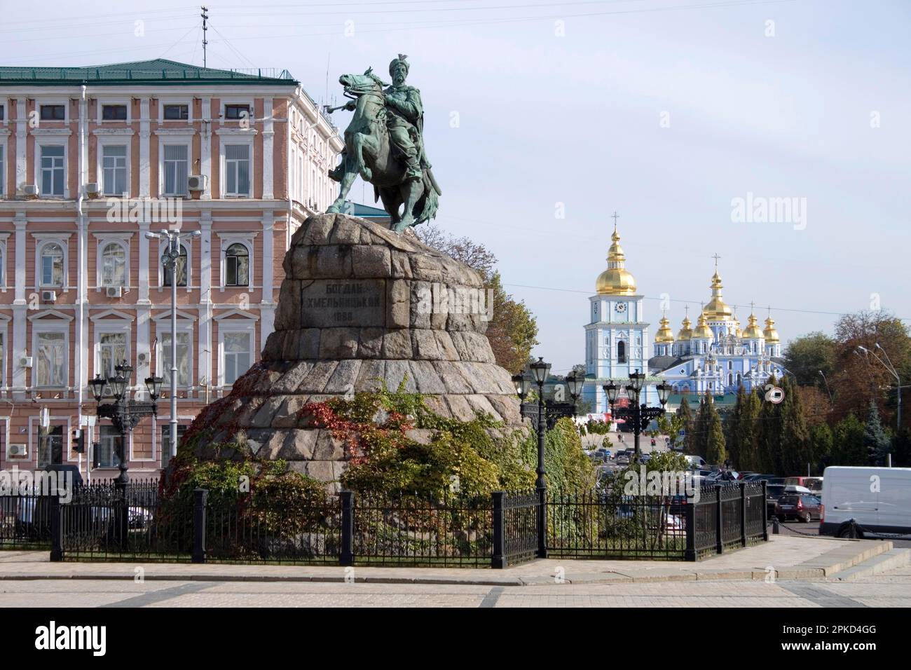 Bohdan Khmelnytsky Monument, equestrian statue of Cossackhetman Bohdan Khmelnytsky, St. Michael's Monastery, Sophia Square, Kiev, Ukraine Stock Photo