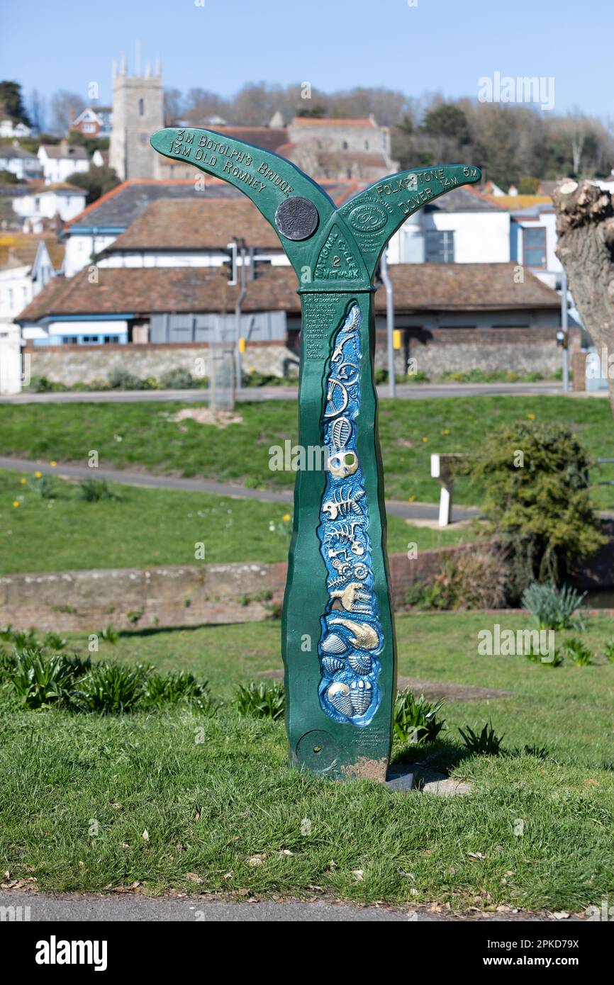 A National Cycle Network milepost in Hythe, Kent, UK Stock Photo