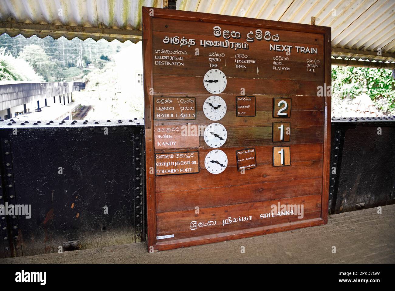 Wooden train information board at Nanu Oya, Sri Lanka Stock Photo